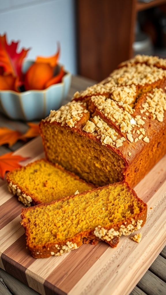 A loaf of pumpkin bread with streusel topping, sliced to show its moist texture, on a wooden board with autumn leaves.